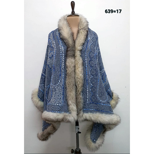 Pure Wool Jamawar 4 Side Recycled Fur Trim Stoles