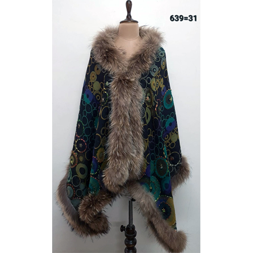 Pure Wool Jamawar 4 Side Recycled Fur Trim Stoles