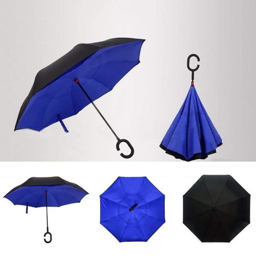 Plain Design Windproof Upside Down Reverse Umbrella With C-Shaped Handle - Color: Mix