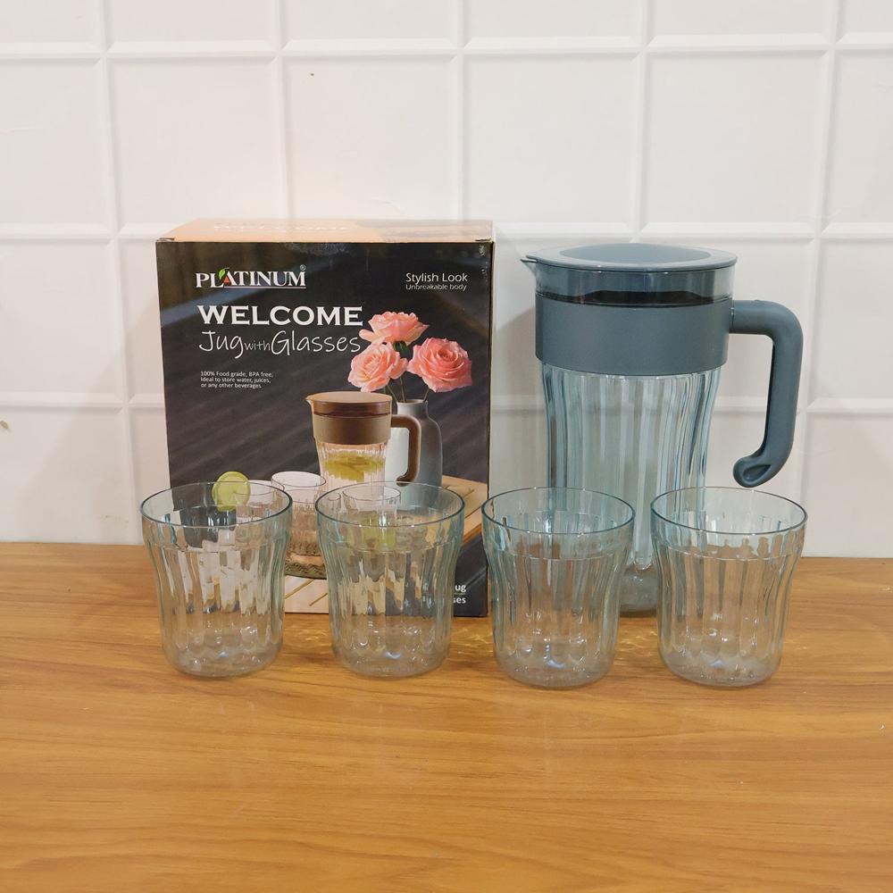 Multipurpose Plastic Water Juice Serving Jug with 4 Drinking Glasses Set (1 Set)