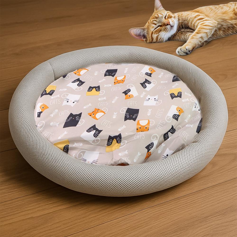 Round Soft Plush Cat Bed With Cartoon Cat Print Cushion 1 Pc - Color: Mix