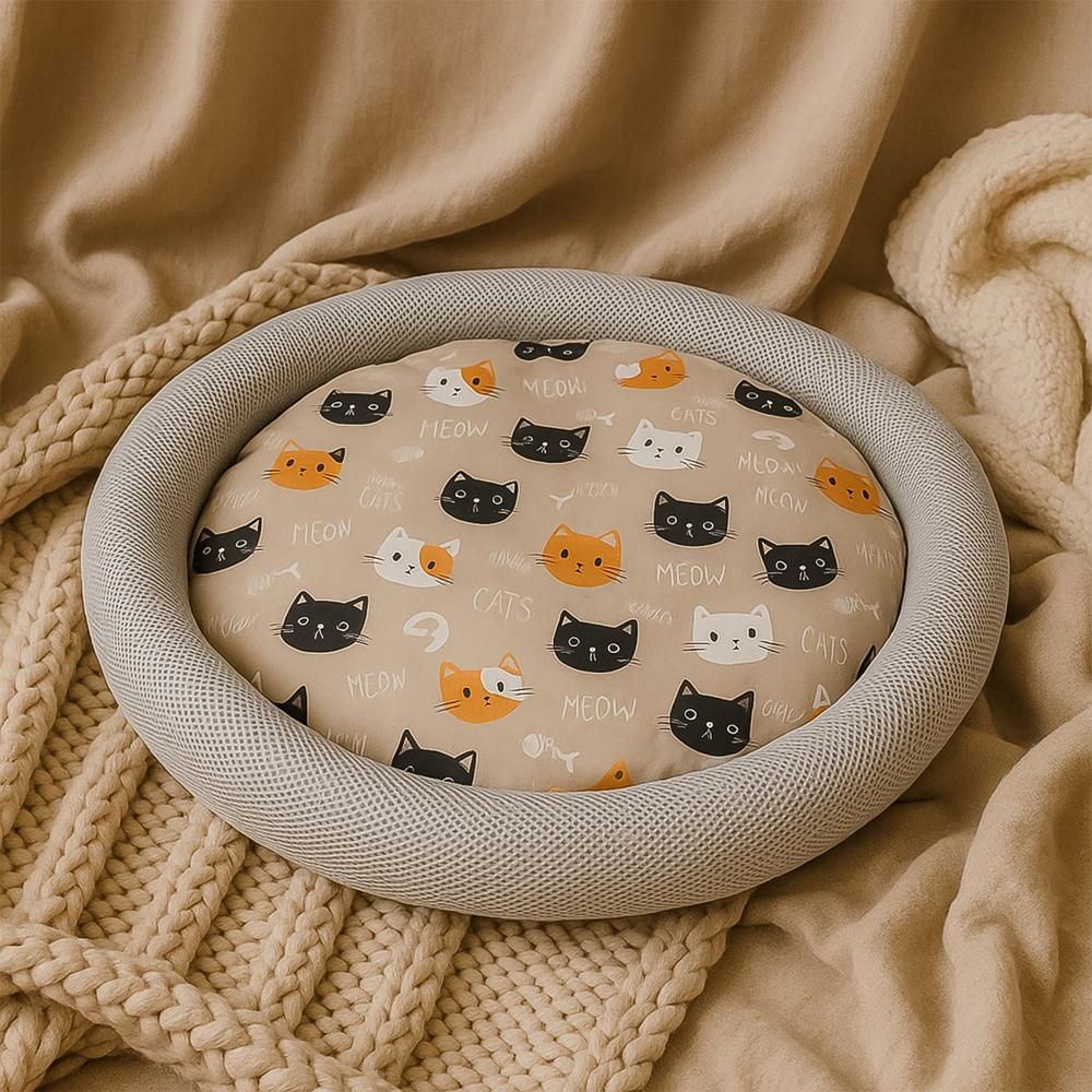 Round Soft Plush Cat Bed with Cartoon Cat Print Cushion 1 Pc