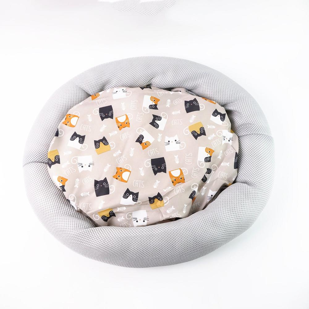Round Soft Plush Cat Bed with Cartoon Cat Print Cushion 1 Pc