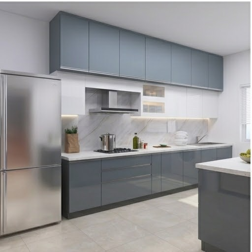 L Shaped Modular Kitchen - Solid Wood Design, Carpenter Assembly, Modern Gray Color, Durable Elegance For Functional Living Spaces