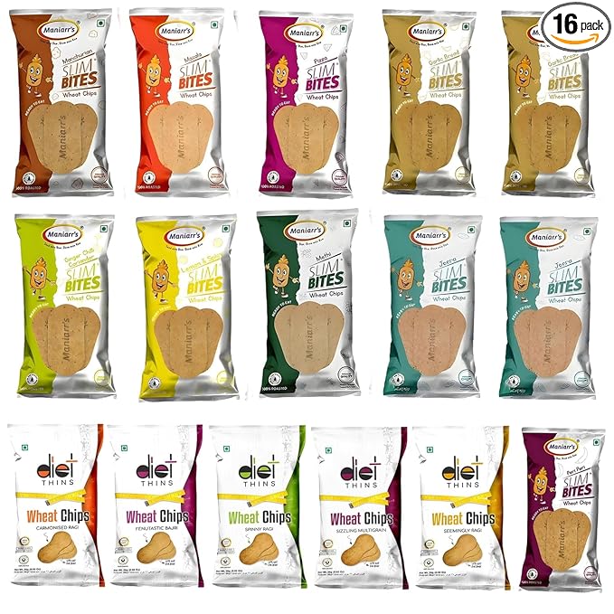 Maniarrs Plain Slim Bites Khakhra 14 Flavors Combo Pack of 16 Wheat Khakhra