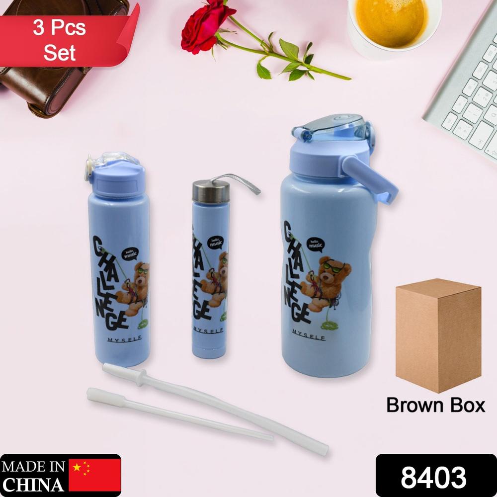 Plastic Water Bottle Set  BPA-Free, Leak-Proof, Cartoon Design Kids & Gym (3 Pc Set)