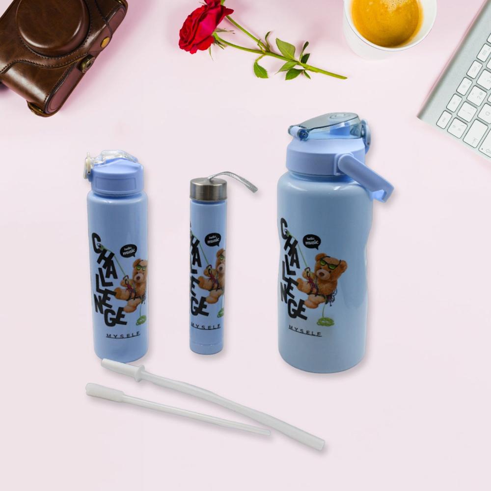 Plastic Water Bottle Set  BPA-Free, Leak-Proof, Cartoon Design Kids & Gym (3 Pc Set)
