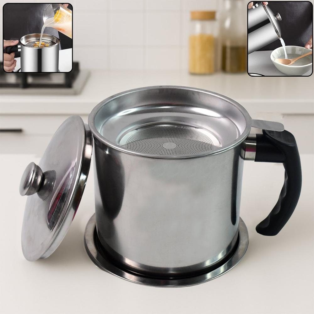 Stainless Steel Oil Strainer Pot With Lid And Filter Mesh (1 Set) - Color: Mix