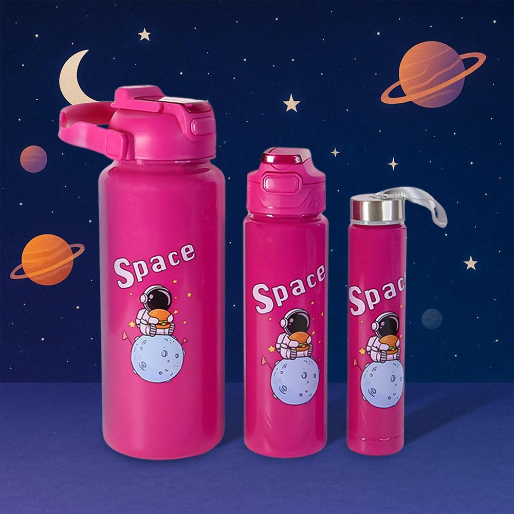 Space Theme Printed Water Bottles  2000Ml, 900Ml & 300Ml Approx- (Set) - Color: Mix