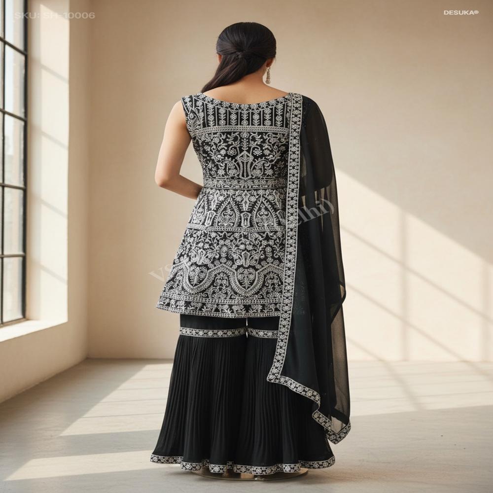 Sh-10006 Georgette Peplum Sharara - Color: Jet Black