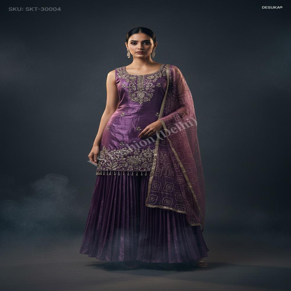 Skt- 30004 Kurta With Pleated Skirt - Color: Purple