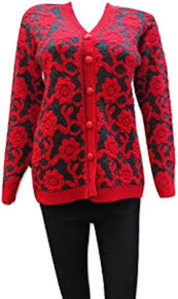 Ladies Red and Black Woolen Cardigan