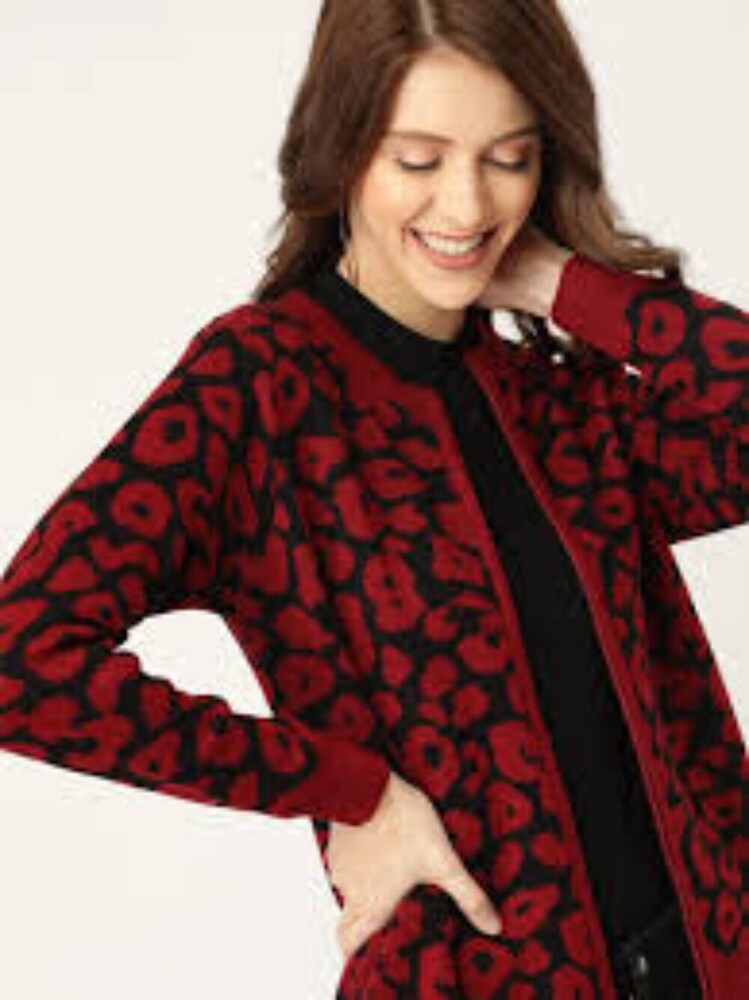 Ladies Red and Black Woolen Cardigan