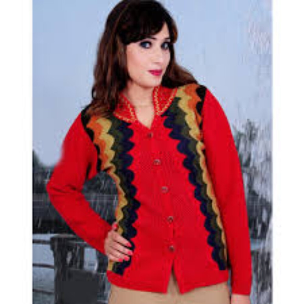 Ladies Red and Black Woolen Cardigan
