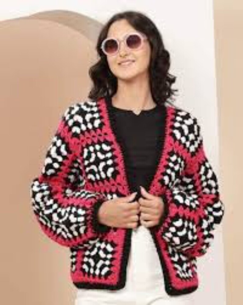 Ladies Red and Black Woolen Cardigan