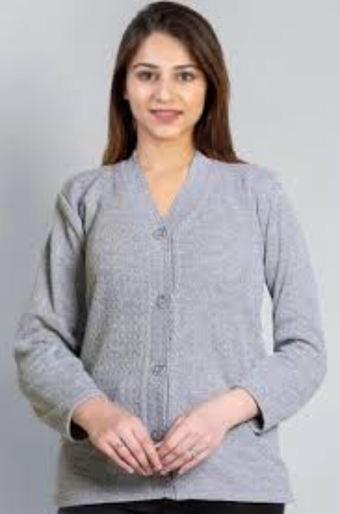 Ladies Grey Full Sleeve Woolen Cardigan