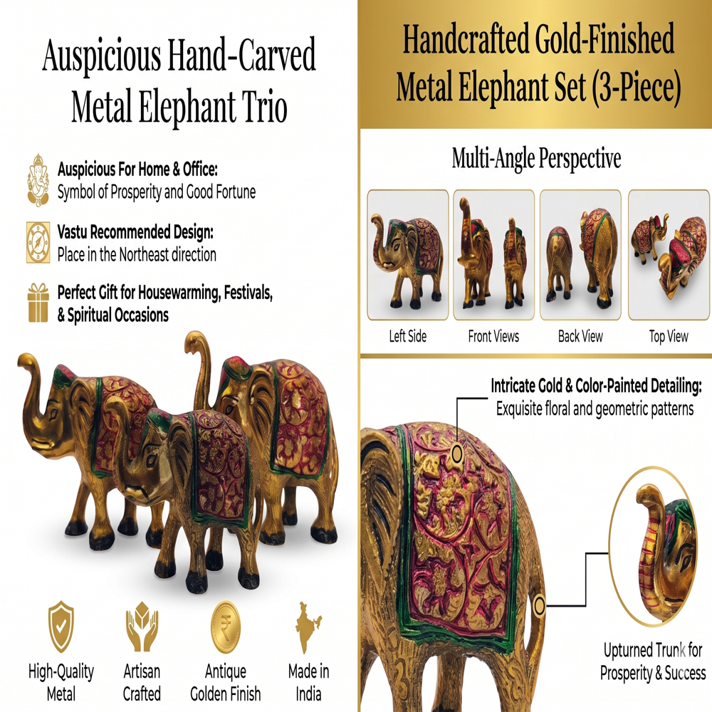 Metal Elephant Statues - Set of 3