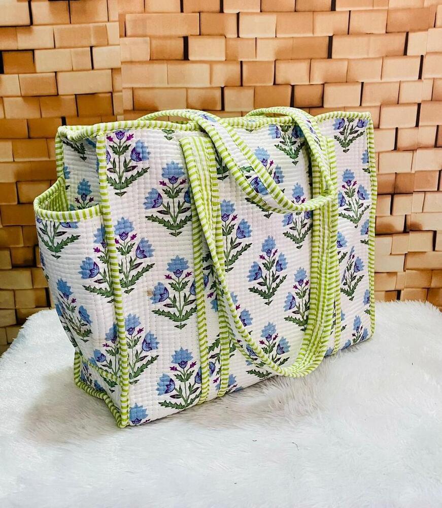 White And Green Classic Cotton Quilted Tote Bag
