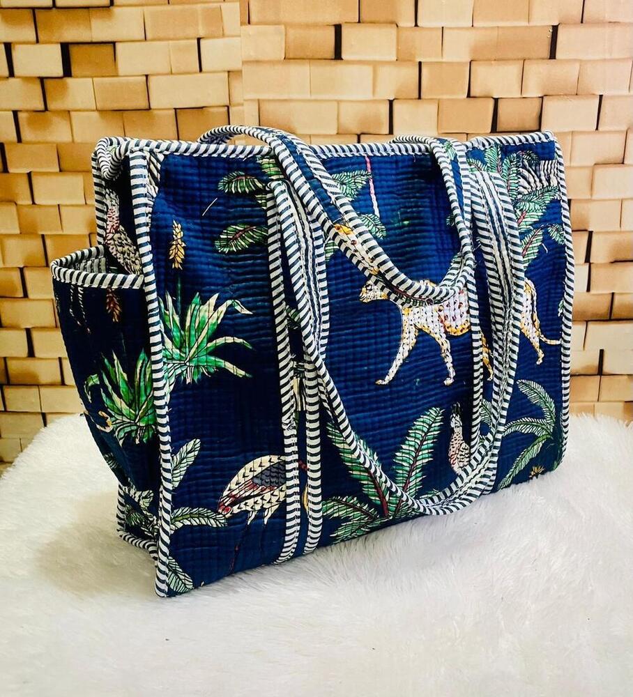 Dark Blue Printed Cotton Quilted Tote Bag