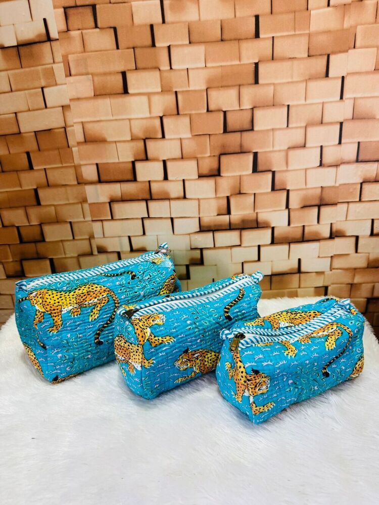 Sky Blue Durable Cotton Quilted Travel Pouch
