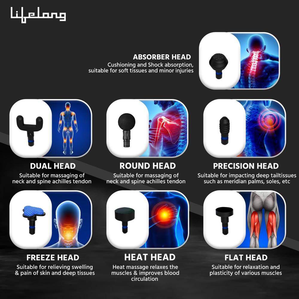 Lifelong LLGM81 Wireless Gun Massager With Hot & Cold Heads|Deep Tissue Massage Gun|Percussion Muscle Massager For