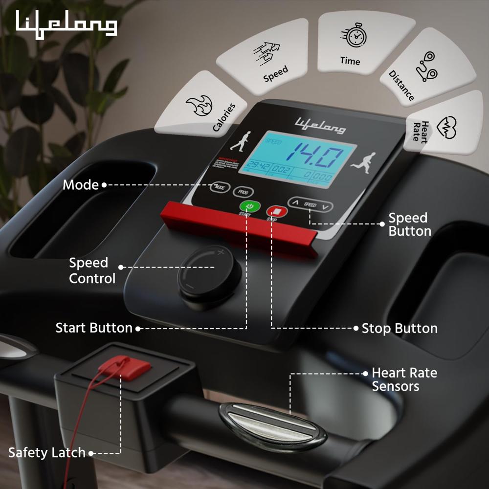 Lifelong LLTM777 Motorized Treadmill for Home - 2.5HP Peak Motor Speed 14km/hr with Bluetooth Speaker, 12 Preset
