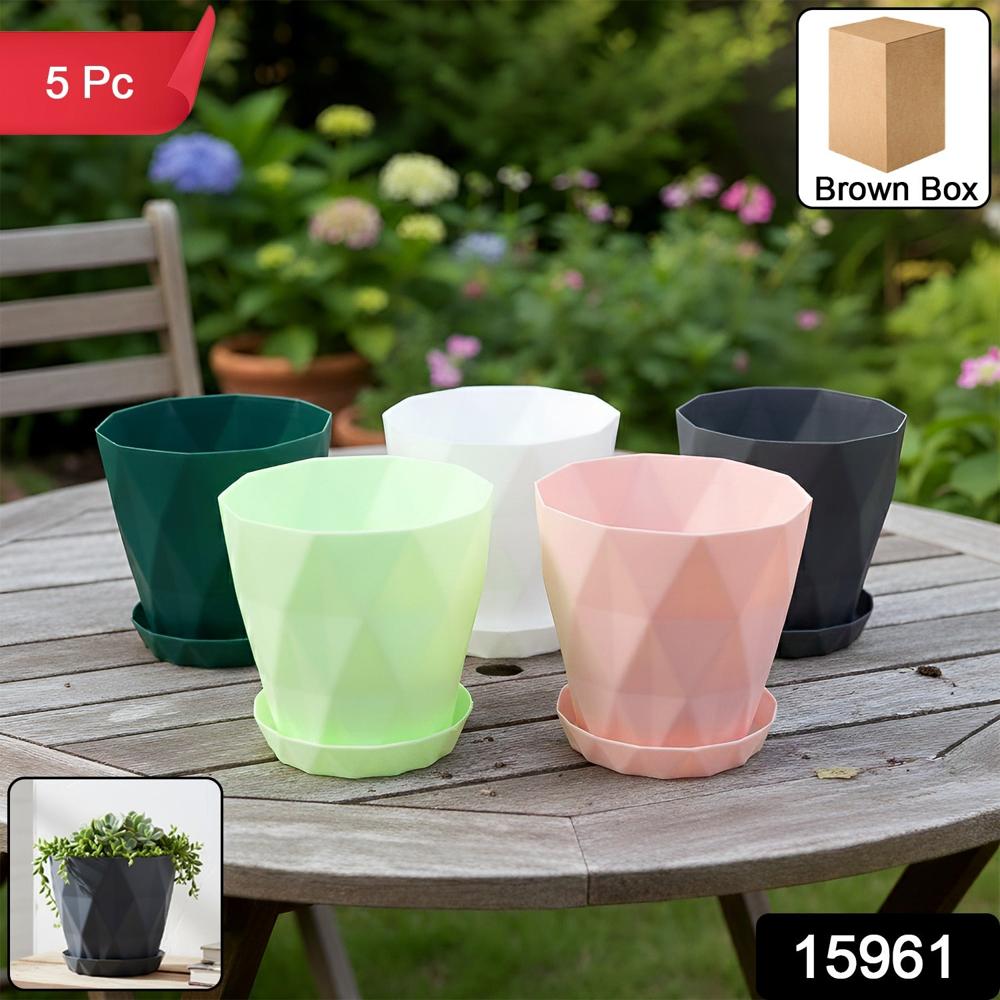 Diamond Design Plastic Flower Pot Set With Drain Tray (5 Pc) - Color: Mix