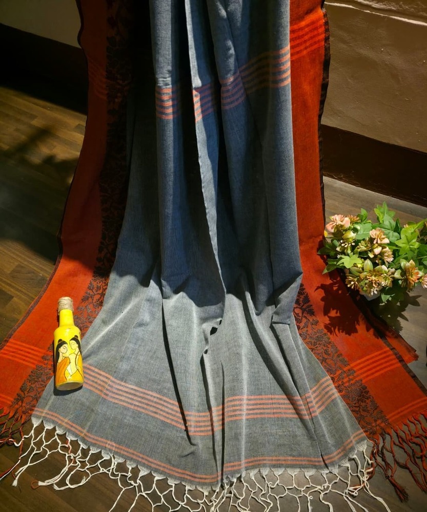 Grey and Red Khadi Cotton Saree