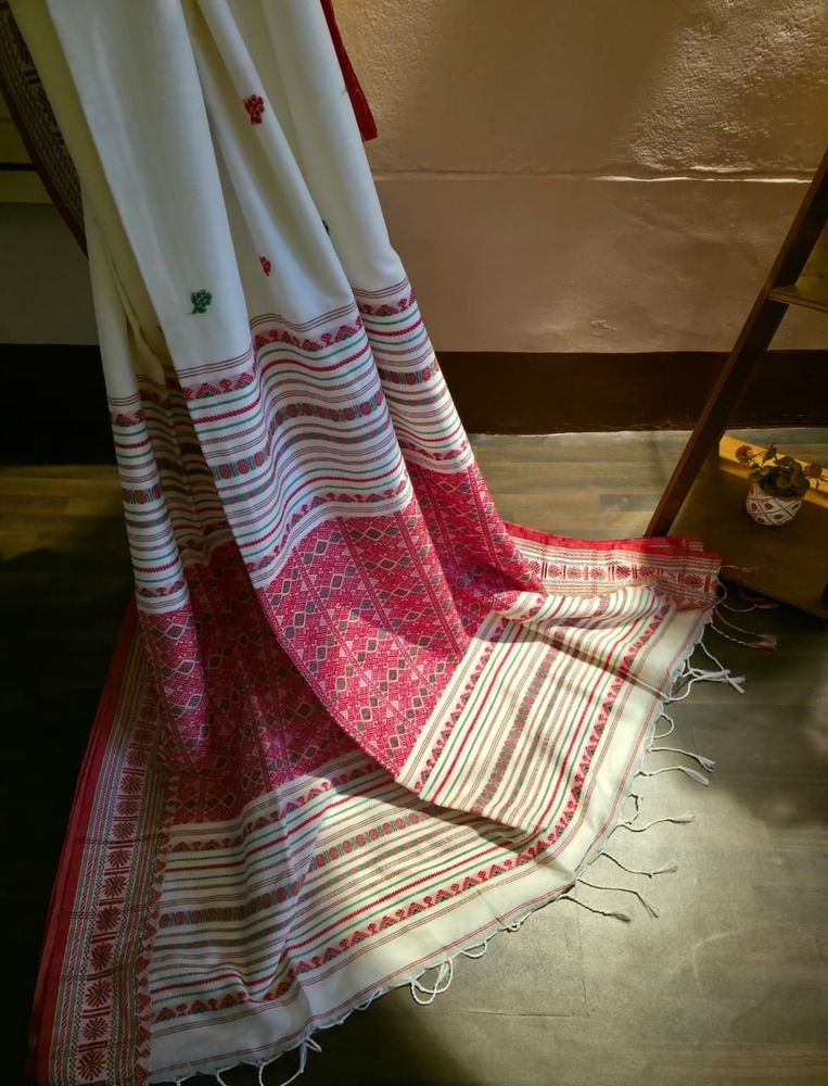 White and Red Khadi Cotton Saree