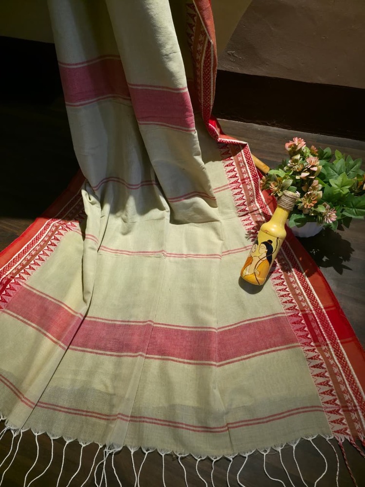 Cream and Red Khadi Cotton Saree