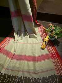 Cream and Red Khadi Cotton Saree