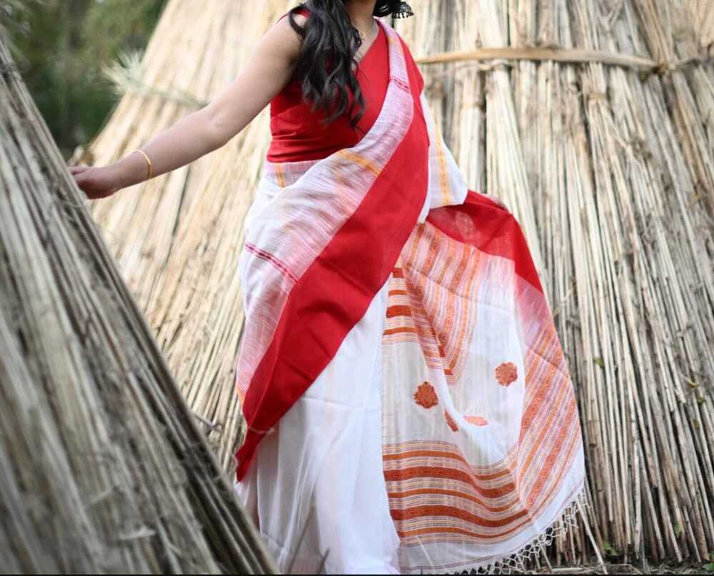 White Red Khadi Cotton Saree