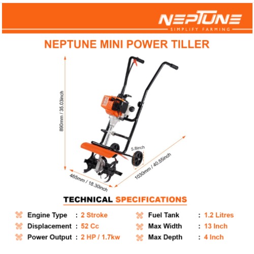 Neptune Mini Tiller with 2 Stroke Advanced Technology 52CC Petrol Engine