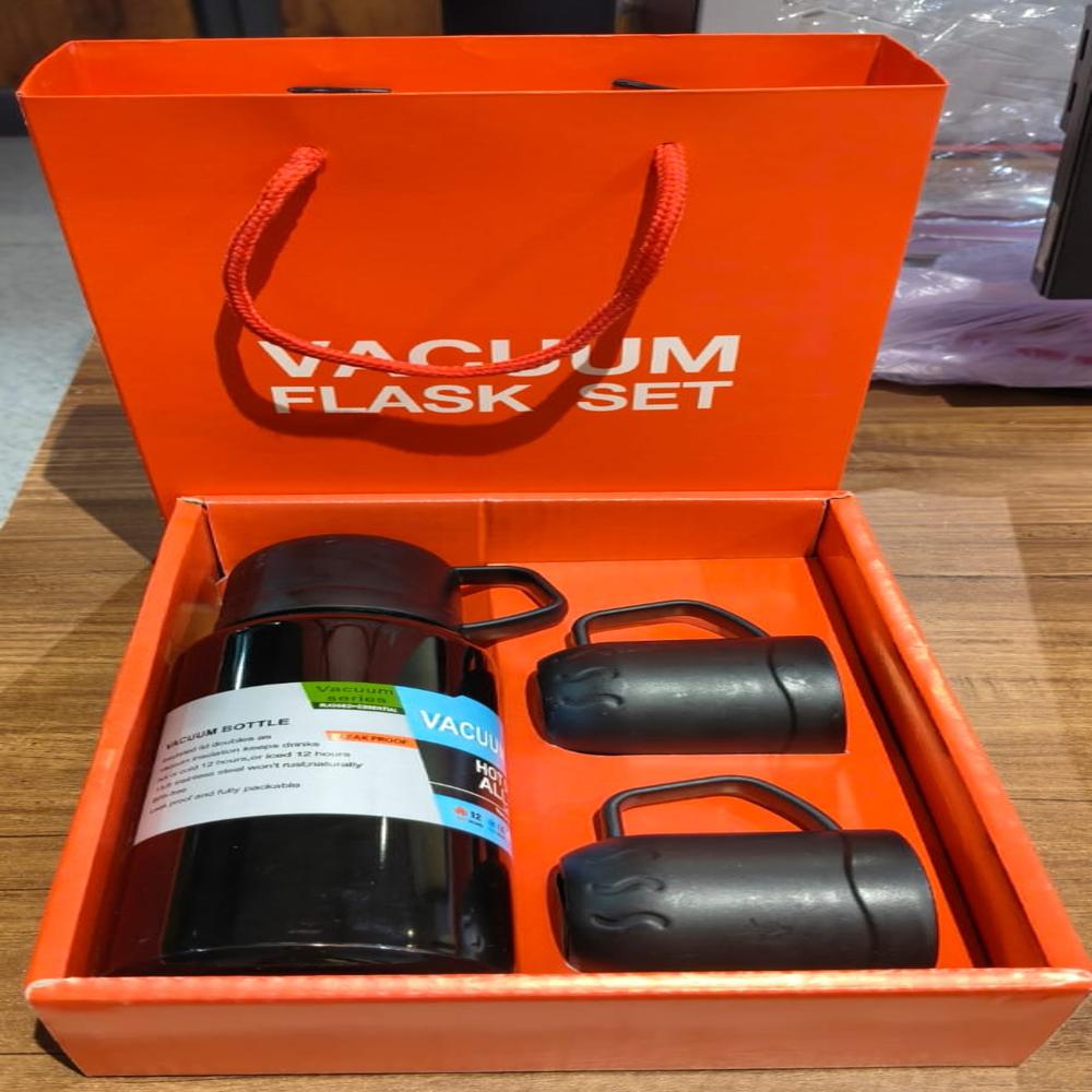 Black Vacuum Flask Set Stainless Steel Thermos With 3 Cups, Approx 500Ml - Color: Mix