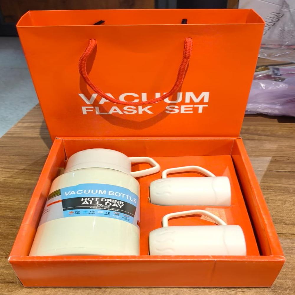 White Vacuum Flask Set  Stainless Steel Thermos With 3 Cups, Approx 500Ml - Color: Mix