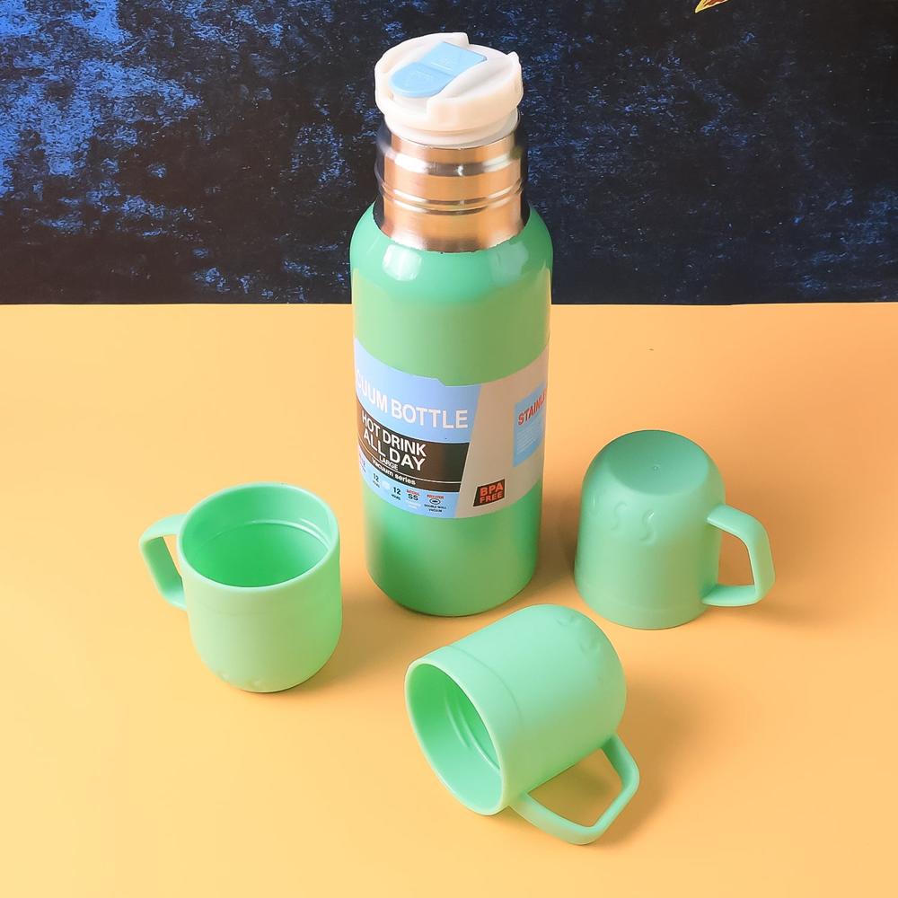 Green Vacuum Flask Set  Stainless Steel Thermos with 3 Cups, Approx 500ml