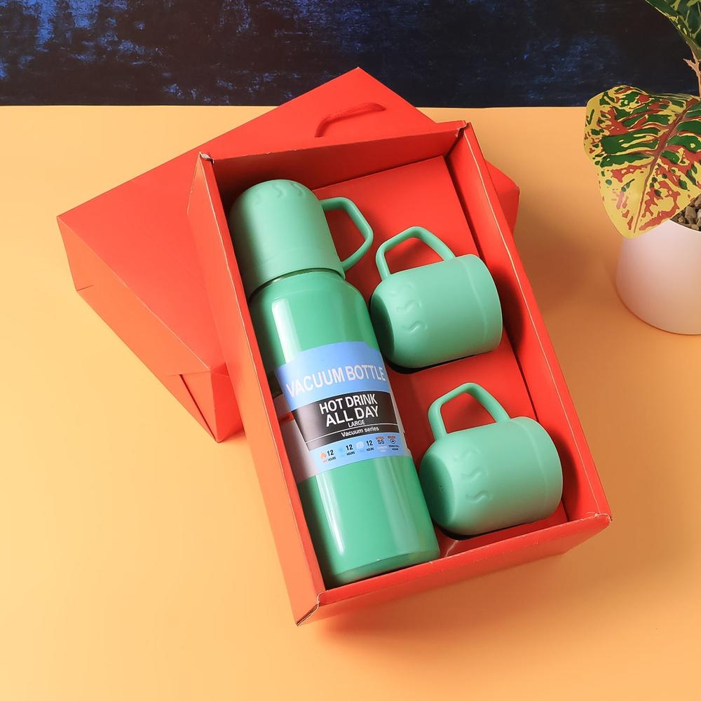 Green Vacuum Flask Set  Stainless Steel Thermos with 3 Cups, Approx 500ml