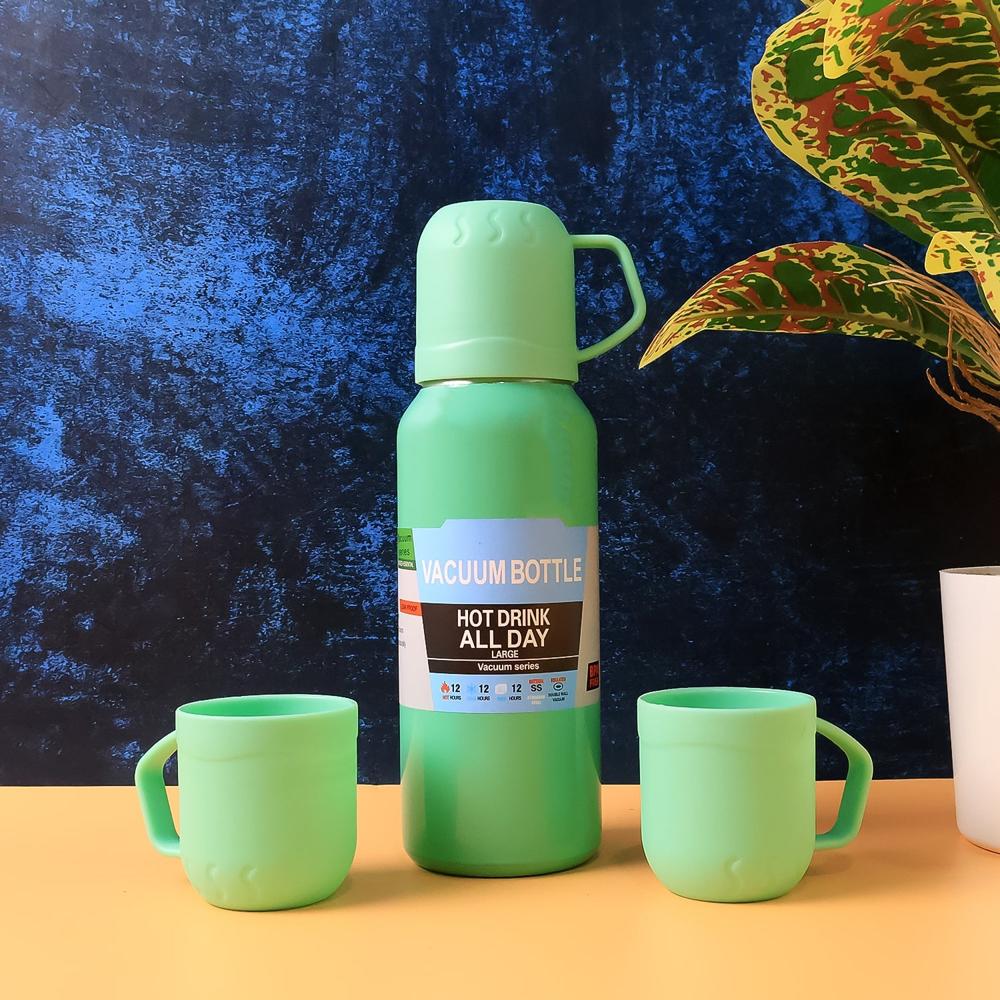 Green Vacuum Flask Set  Stainless Steel Thermos with 3 Cups, Approx 500ml