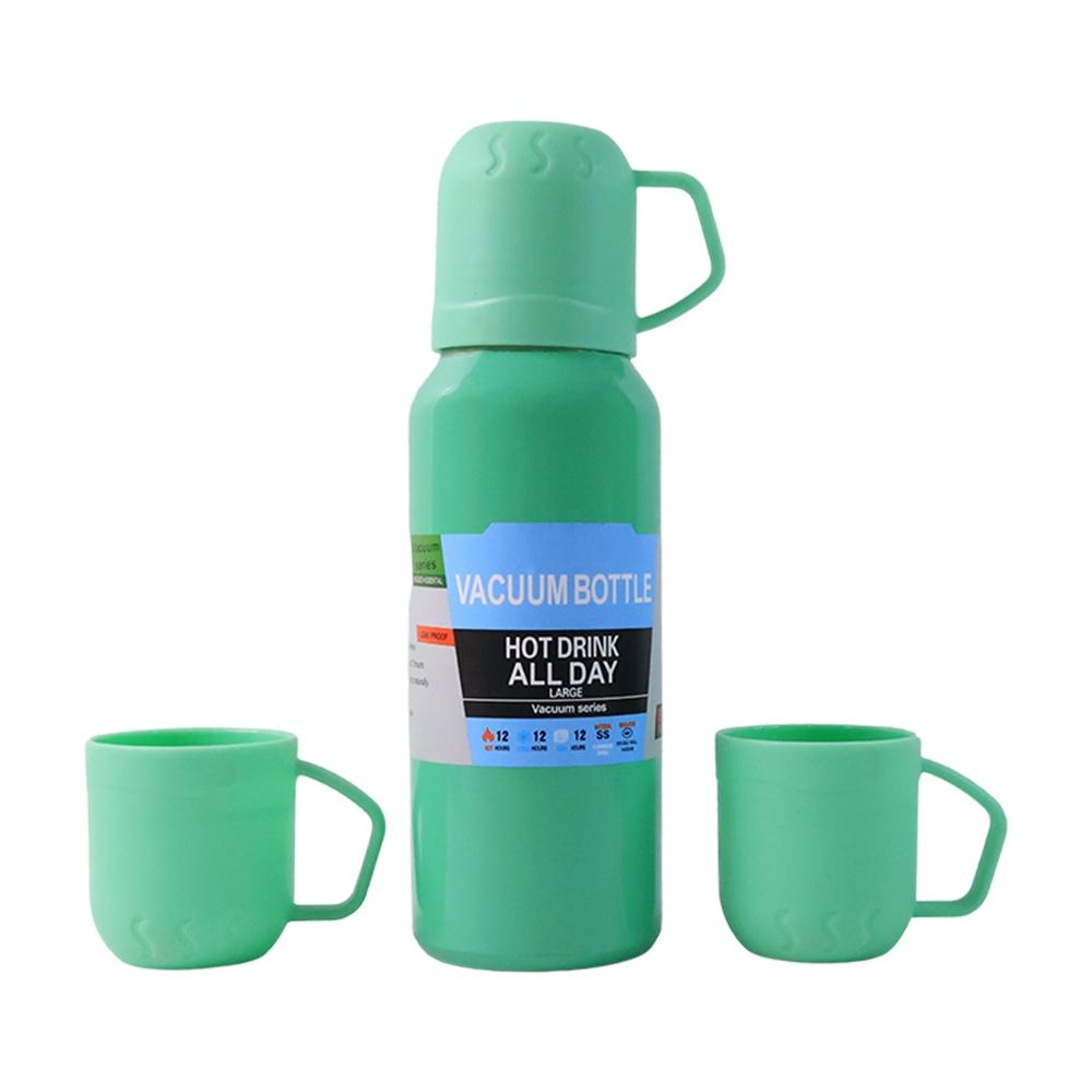 Green Vacuum Flask Set  Stainless Steel Thermos with 3 Cups, Approx 500ml