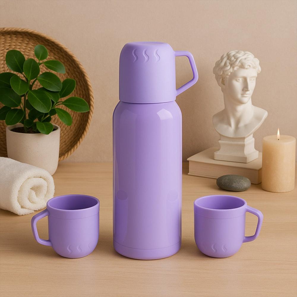 Purple Vacuum Flask Set  Stainless Steel Thermos with 3 Cups, Approx 500ml