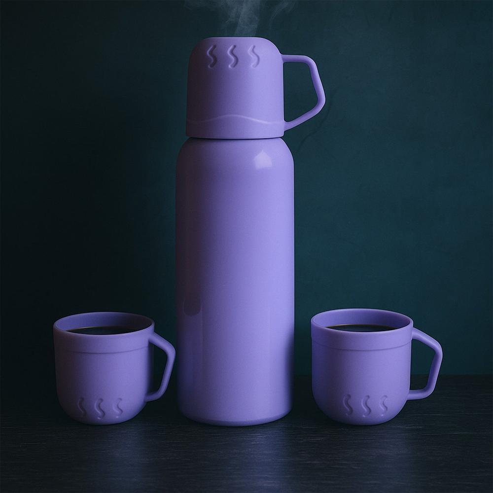 Purple Vacuum Flask Set  Stainless Steel Thermos with 3 Cups, Approx 500ml
