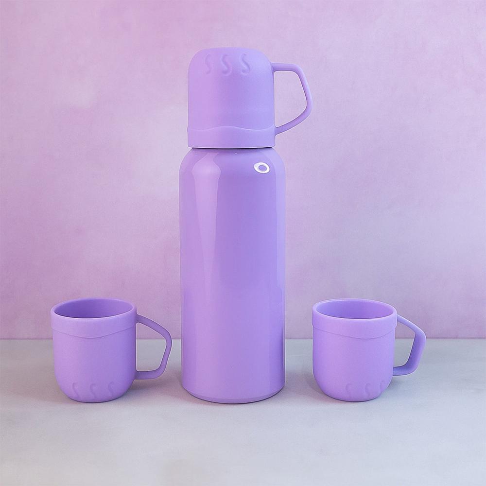 Purple Vacuum Flask Set  Stainless Steel Thermos with 3 Cups, Approx 500ml