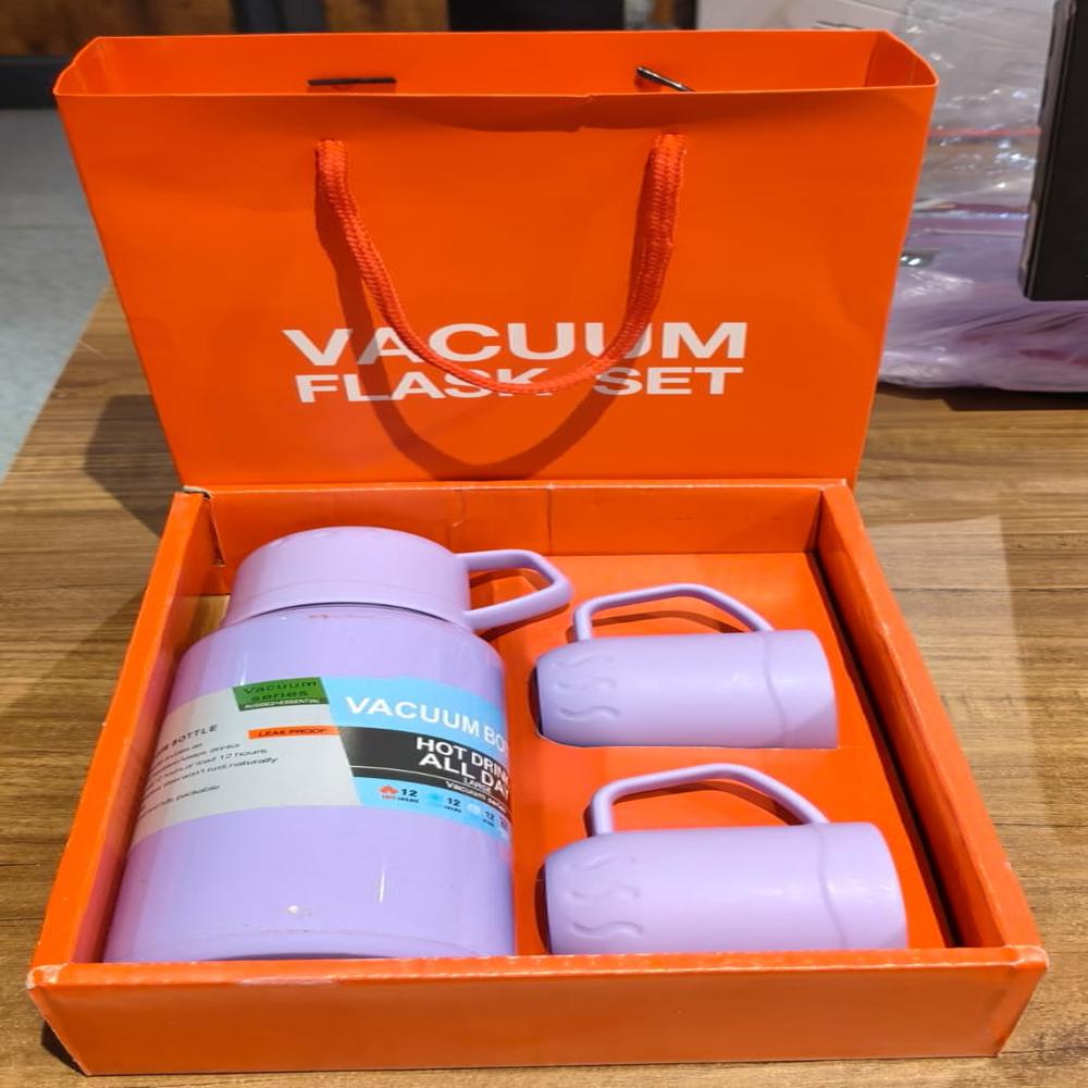 Purple Vacuum Flask Set  Stainless Steel Thermos with 3 Cups, Approx 500ml