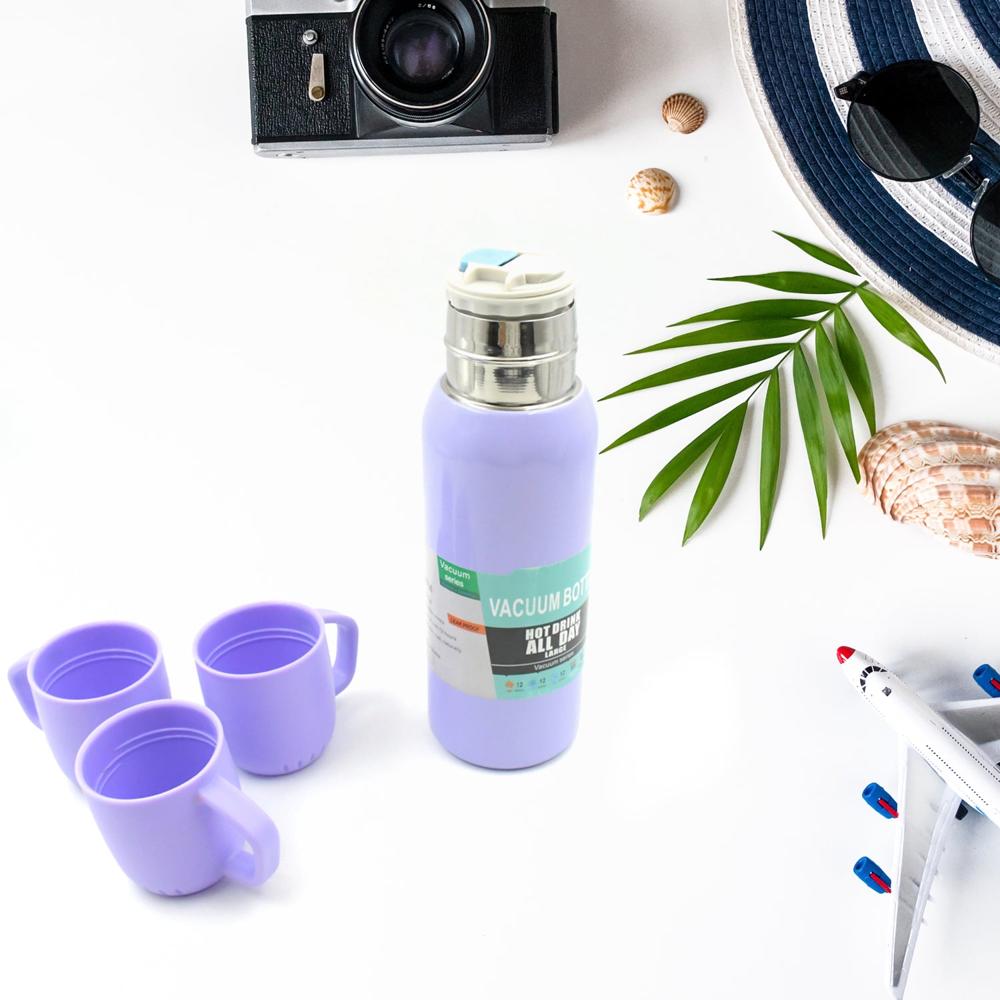 Vacuum Flask Set  Stainless Steel Thermos with 3 Cups, Approx 500ml