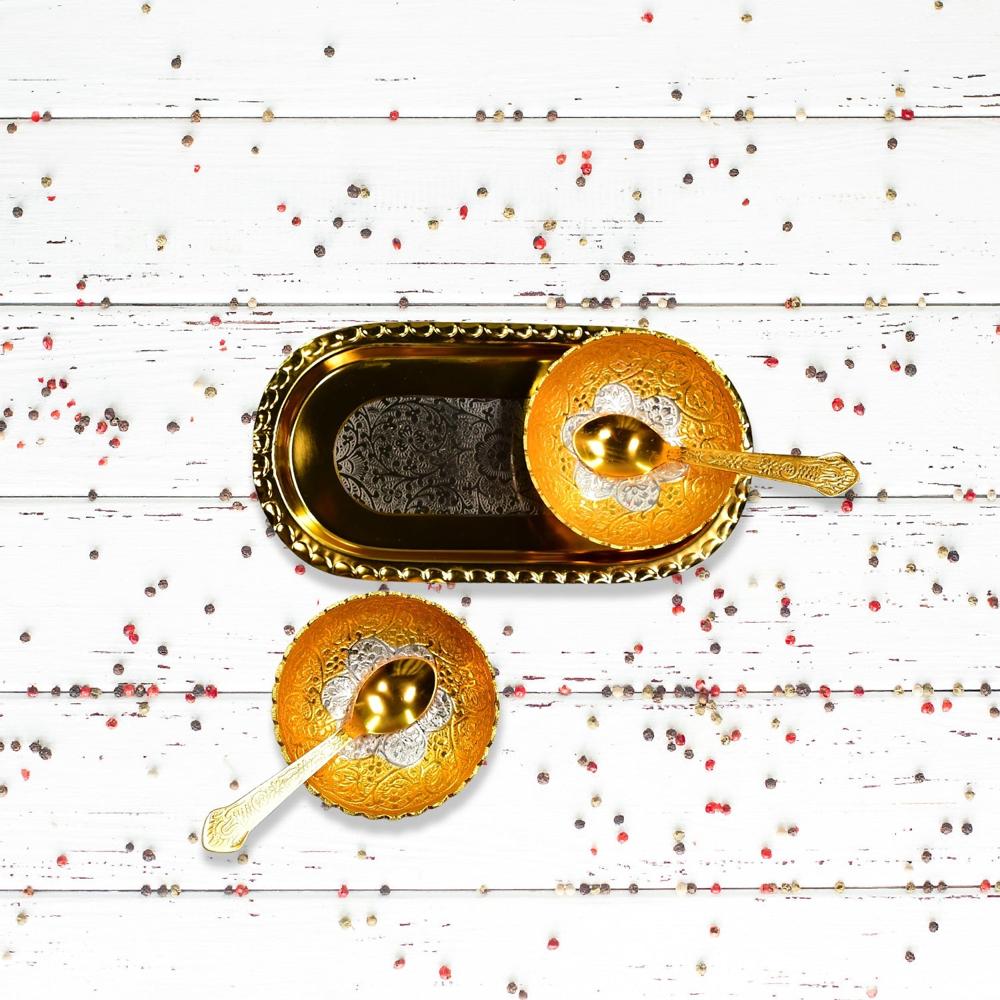 Gold Silver Plated 2 Bowl 2 Spoon Tray Set