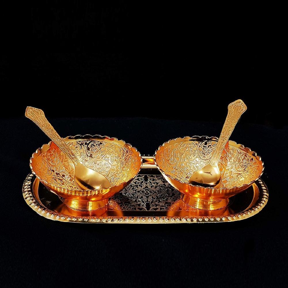 Gold Silver Plated 2 Bowl 2 Spoon Tray Set