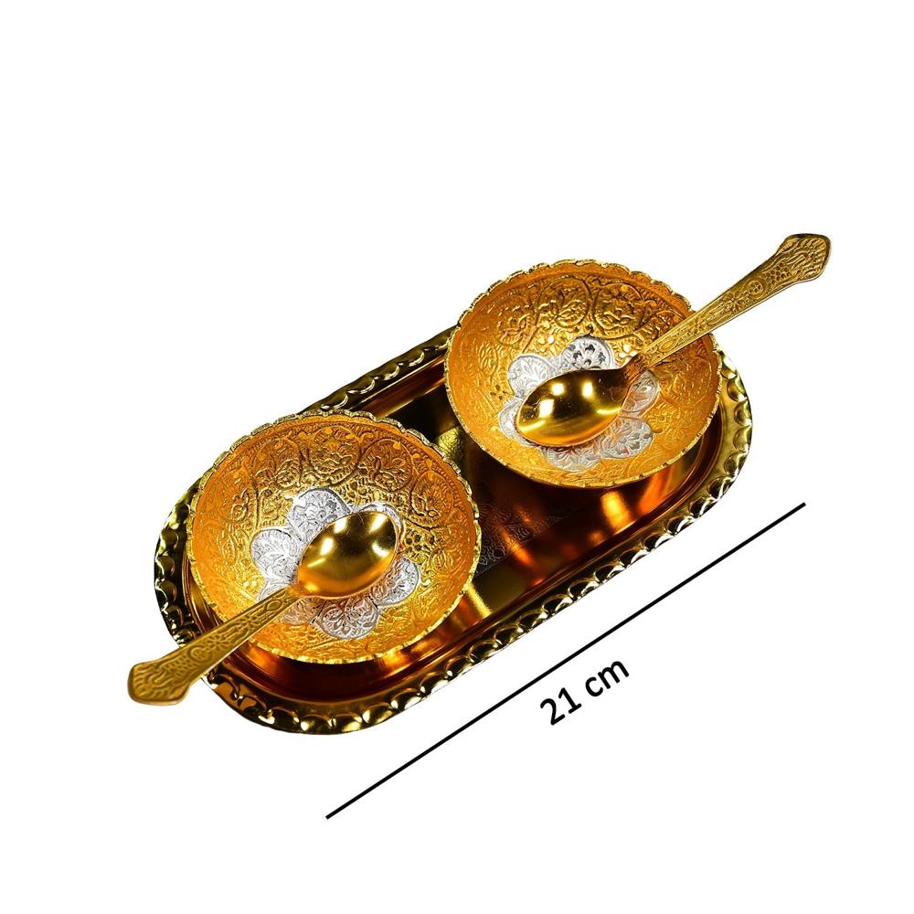Gold Silver Plated 2 Bowl 2 Spoon Tray Set