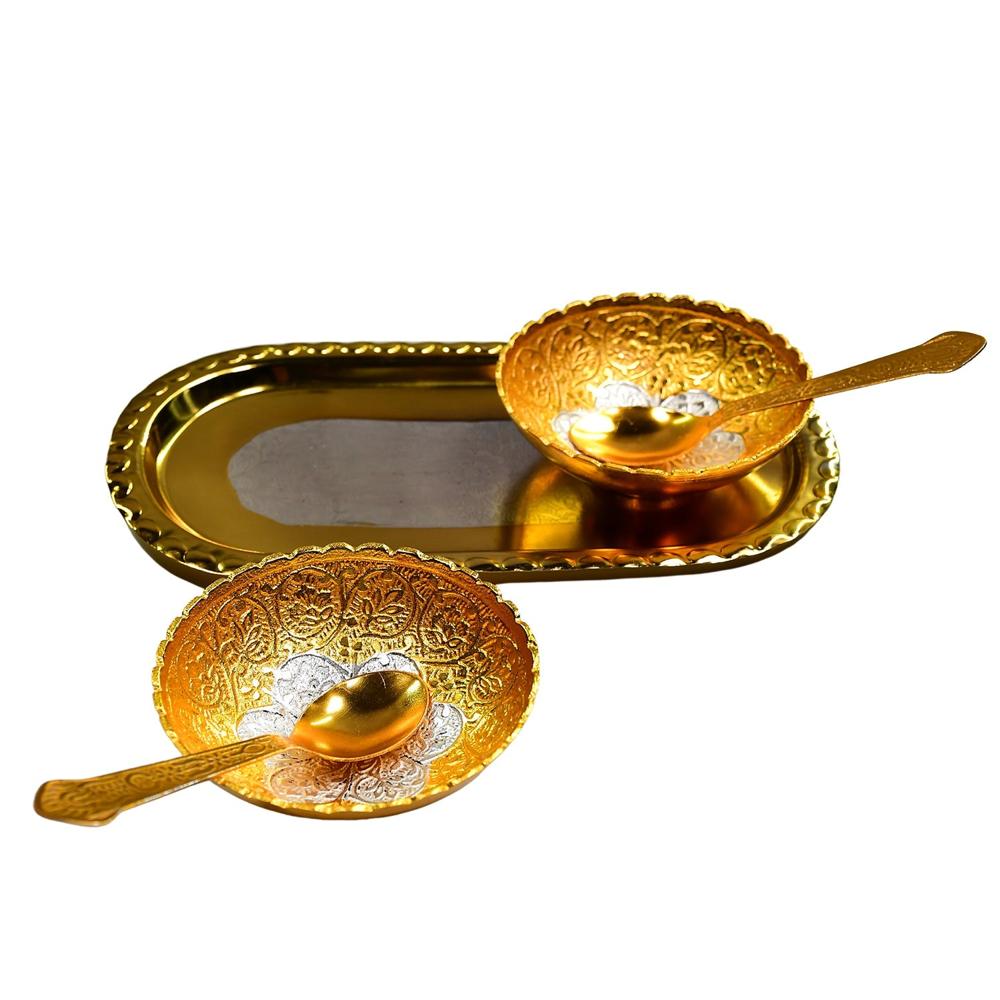 Gold Silver Plated 2 Bowl 2 Spoon Tray Set