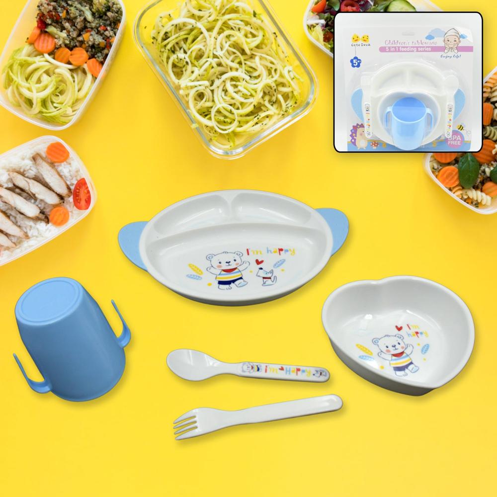 5in1 Baby Feeding Set For Kids And Toddlers,children Children Dinnerware Set - Feeding Set For Kids, Cartoon Design Plate, Cup, Spoon, Fork Tableware Cutlery For Kids Microwave (5 Pcs Set)