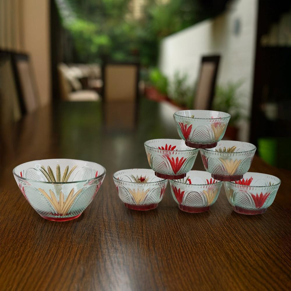 Rose Glass Multipurpose Pudding / Dessert / Ice Cream Bowl Set For Home Use, Home & Kitchen Serving Bowl For Sundae, Sweets, Snacks, Fruit, Pudding, Nuts Or Dip, Serving Bowls 6 Medium & 1 Big Bowl (Set Of 7 Pc) - Color: Mix